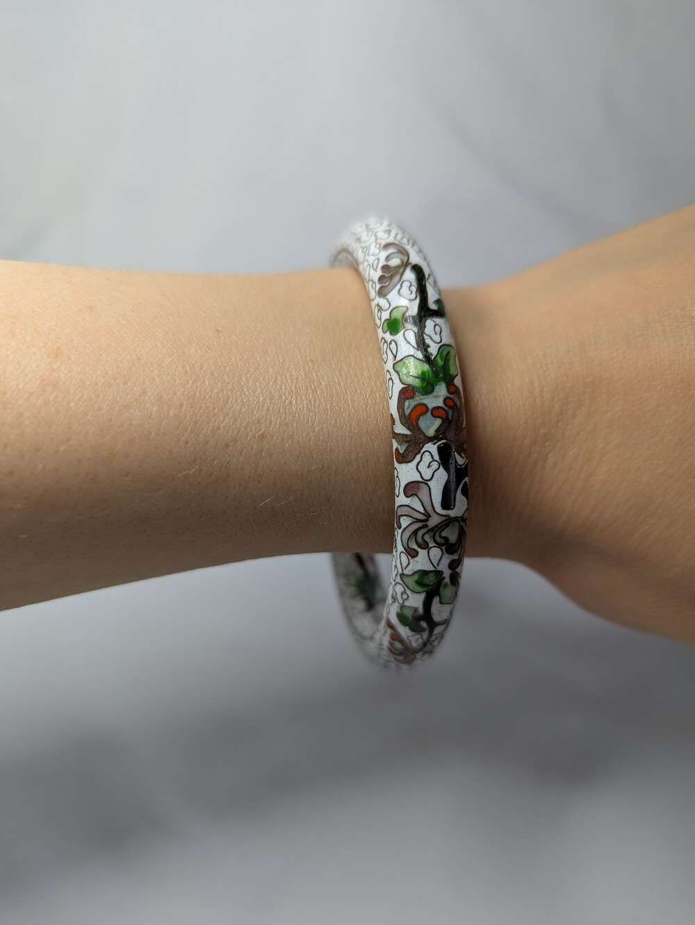 Extra Large White Cloisonné Enamel Bangle Bracelet with Green and Red Accents